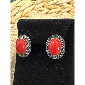 Sajen 925 Sterling Silver Red Cabochon Beaded Oval Stud Earrings Bali Style